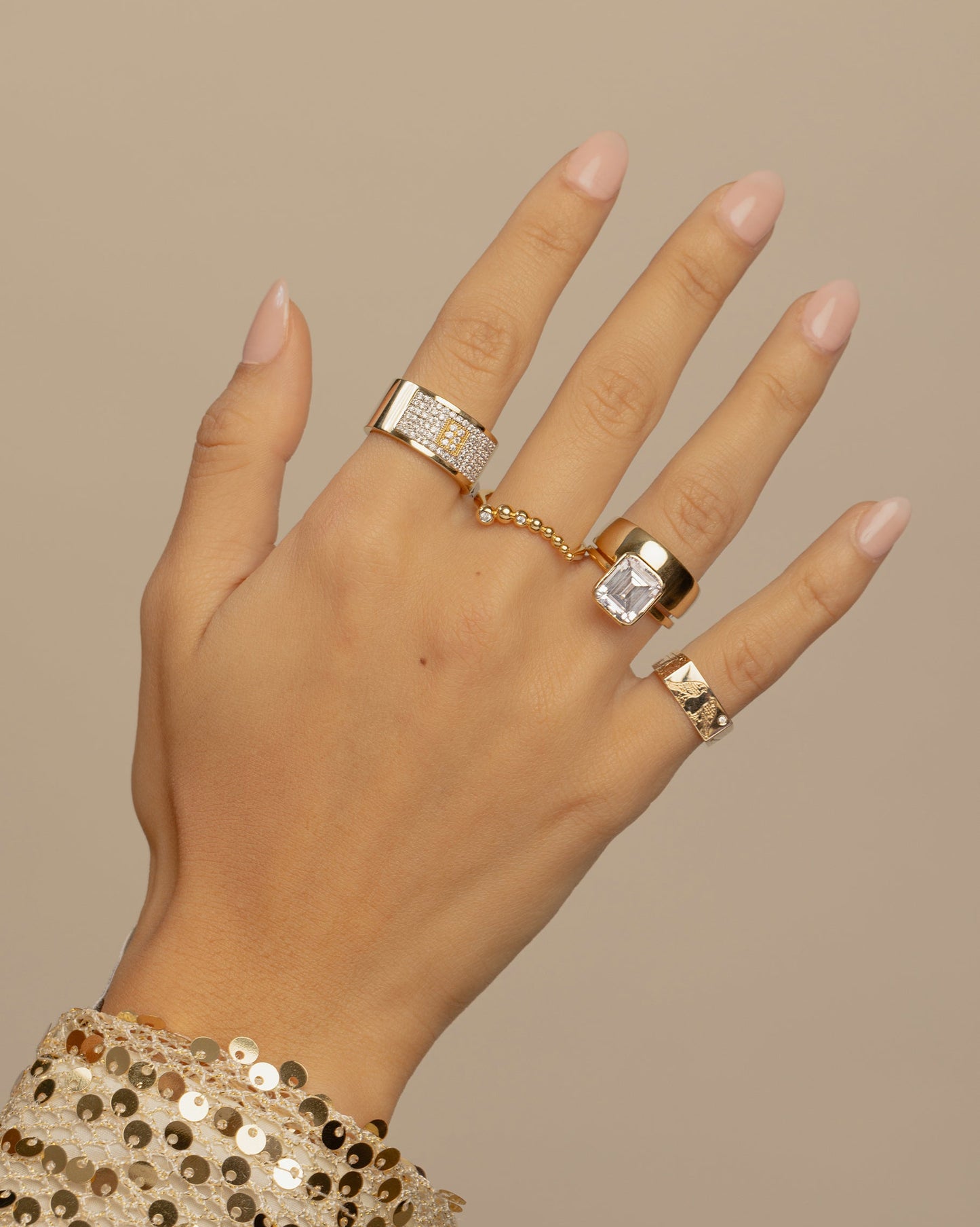 Gold Beaded Ring With Diamond Accents