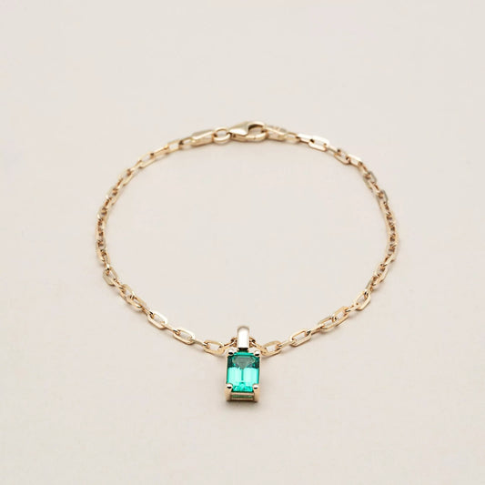 The Green Emerald Charm Bracelet. Recycled Solid 14K Gold 