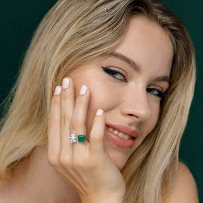 Emerald And Diamond Three Stone Ring On Model