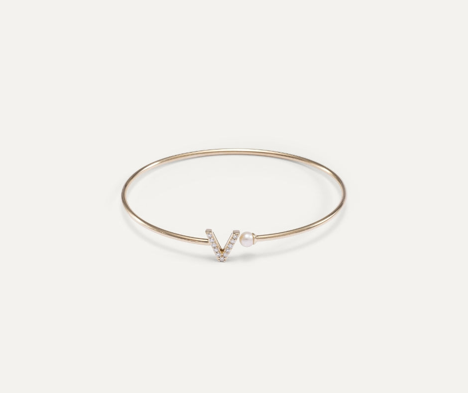 Bangle with initial V and pearl (Ready-to-ship)