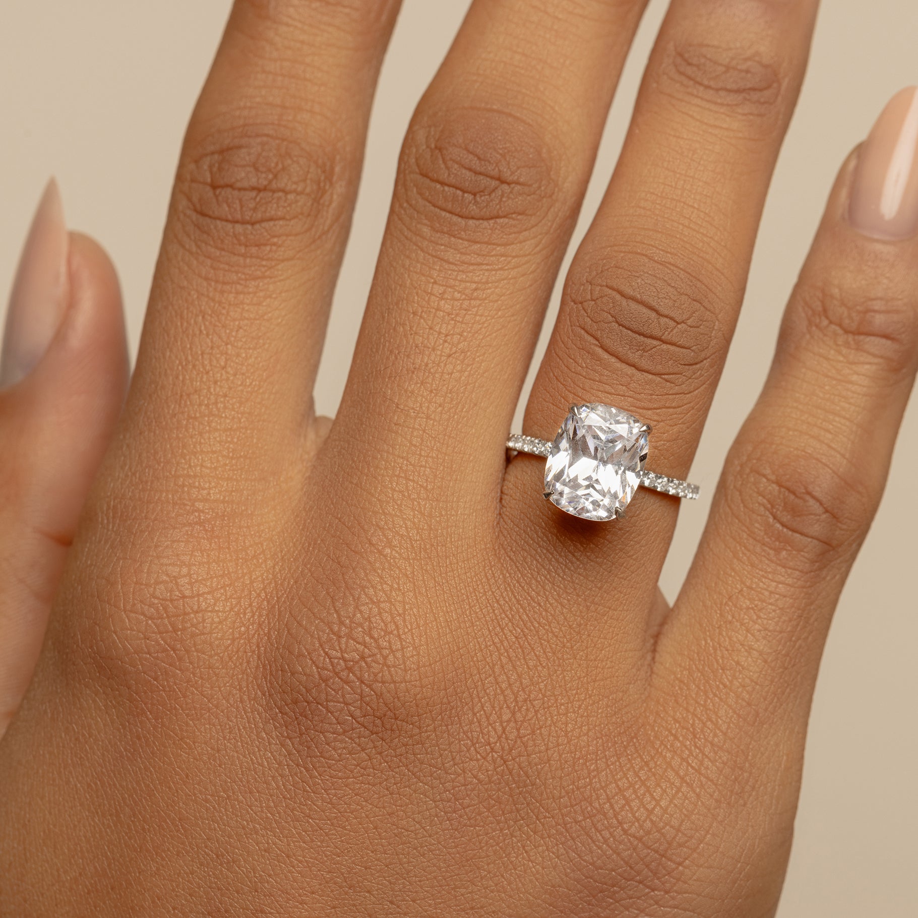 Elongated Cushion Cut Engagement Ring With Hidden Halo On Body