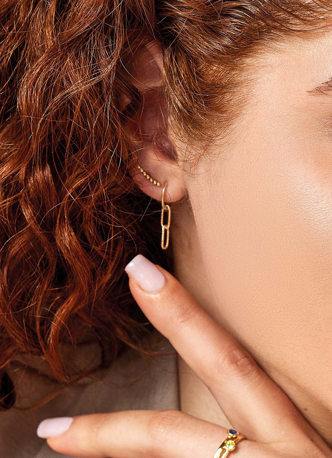 Jackie Amsterdam Double Link Ear Charm in 14K Yellow Gold worn on model