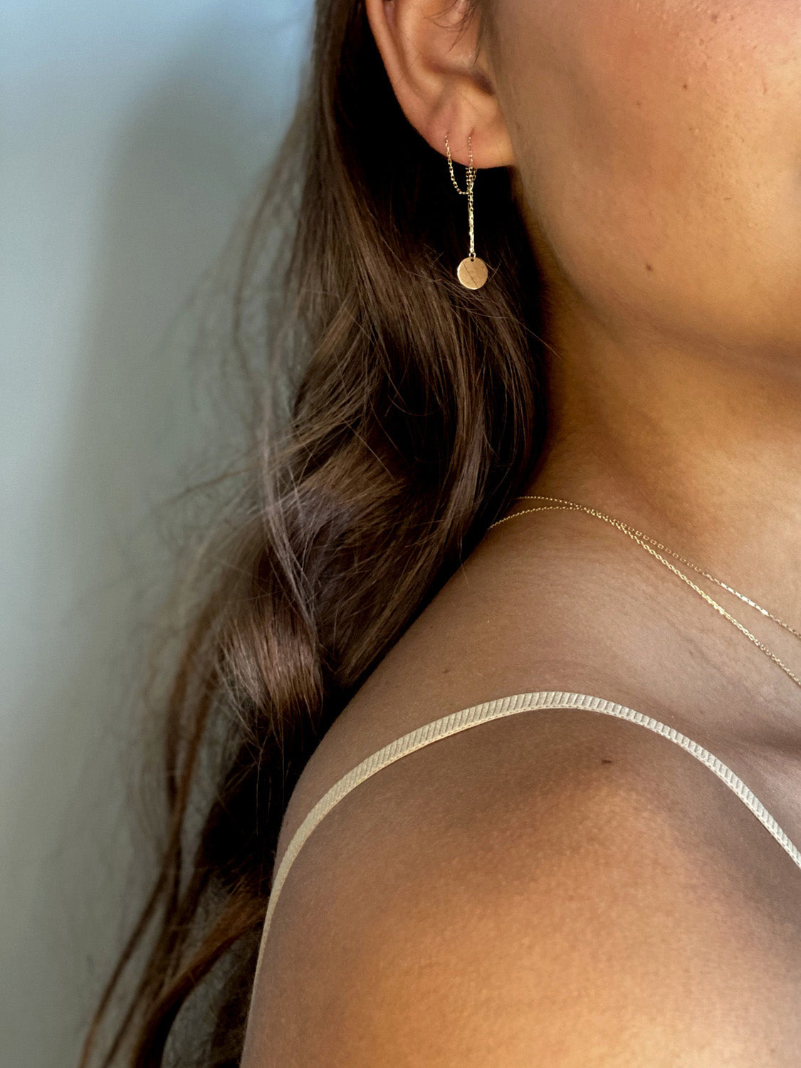 Jackie Disc Threader Earrings in 14K Yellow Gold worn on ear