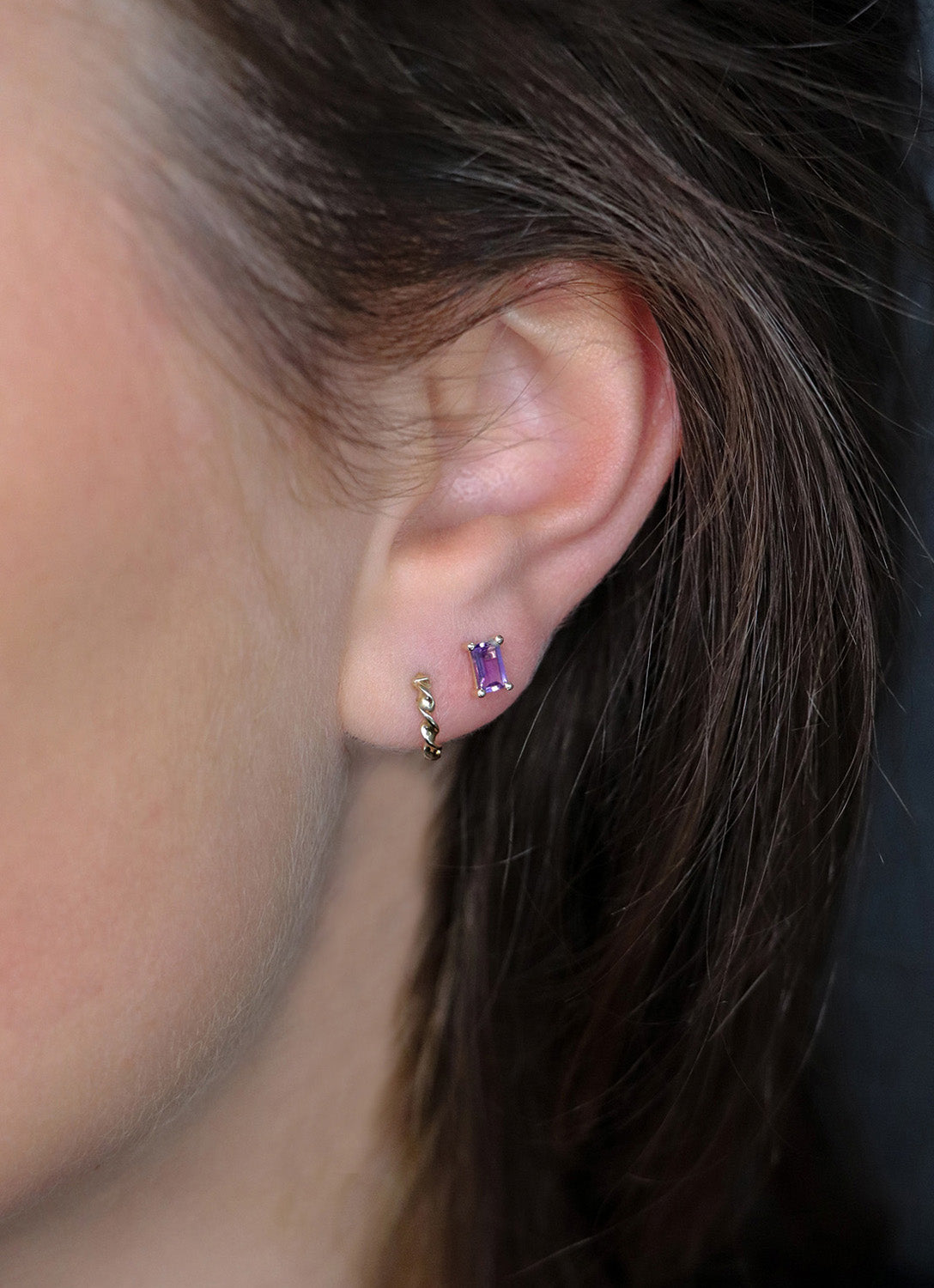Jackie Medina Amethyst Studs in 14K Yellow Gold worn on ear
