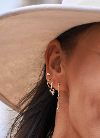 Jackie Triangle White Topaz Hoops in 14K Yellow Gold worn on ear