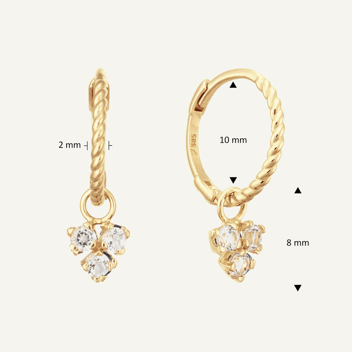 Jackie Triangle White Topaz Hoops in 14K Yellow Gold dimensions