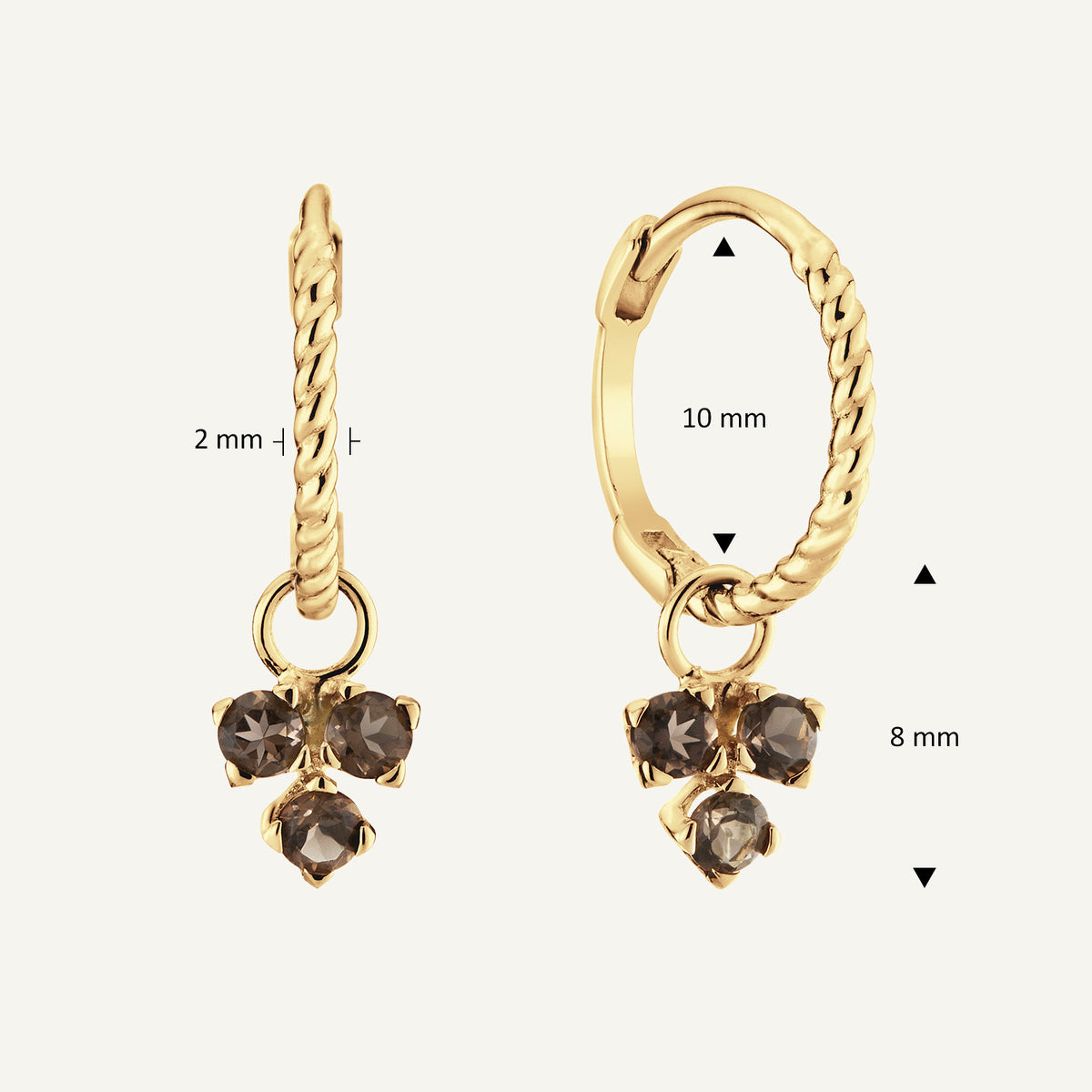 Jackie Triangle Smoky Quartz Hoops in 14K Yellow Gold dimensions