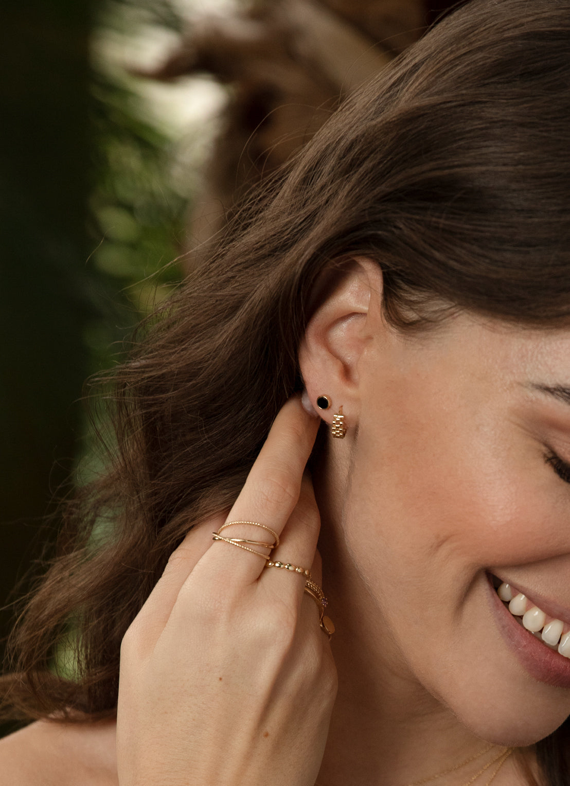 Jackie Guell Hoops in 14K Yellow Gold worn on ear