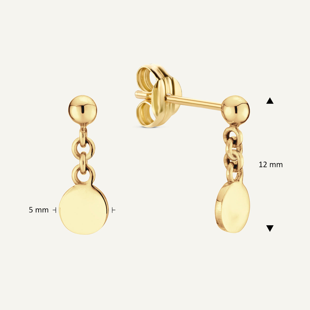 Jackie Dangling Disc Studs in 14K Yellow Gold dimensions