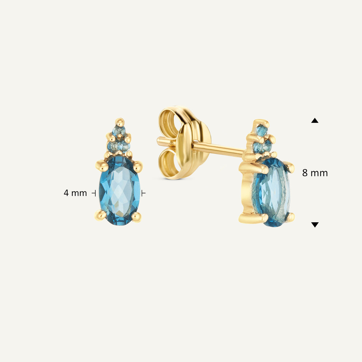Jackie Vintage London Blue Topaz Studs in 14K Yellow Gold dimensions