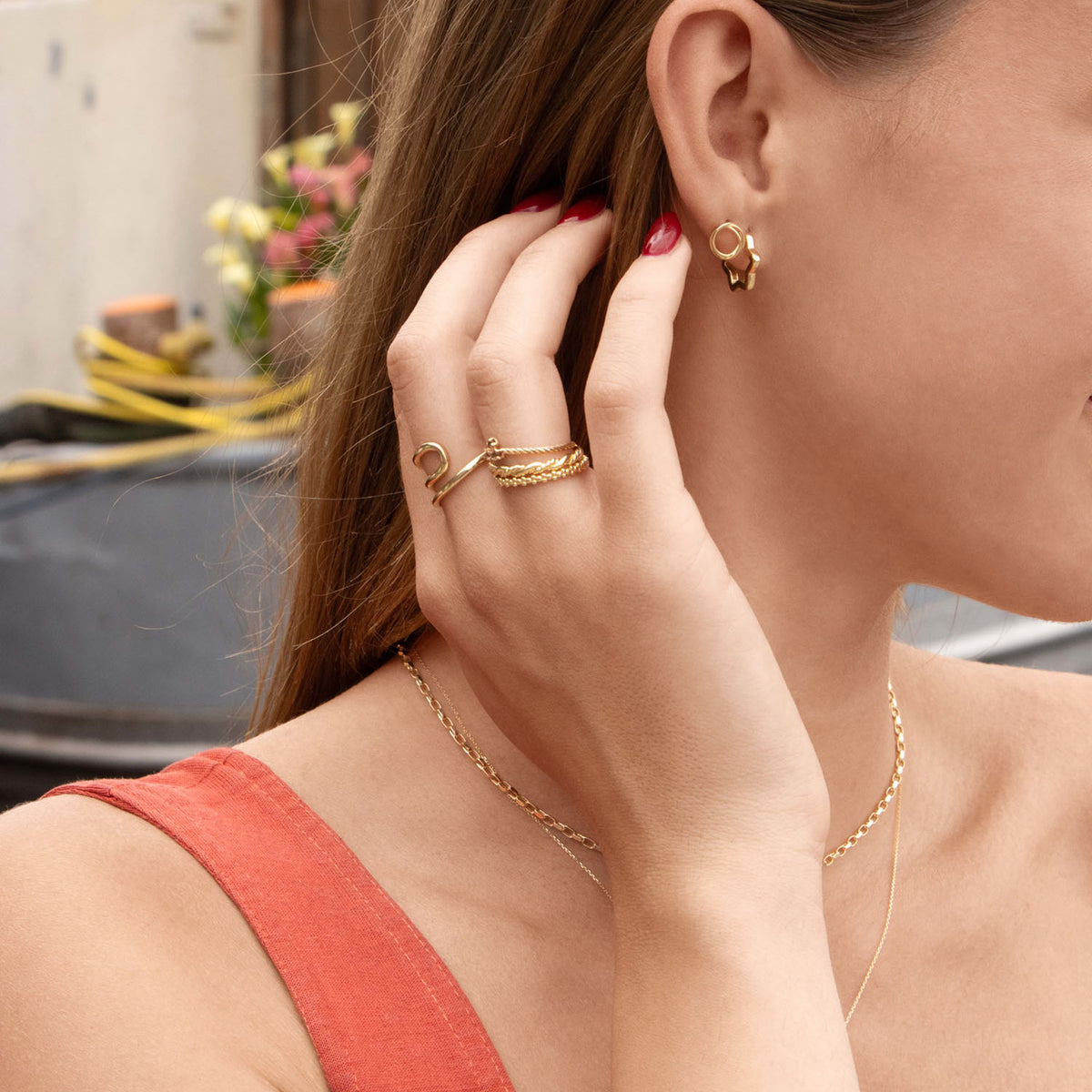Jackie Apollo Hoops in 14K Yellow Gold worn on ear
