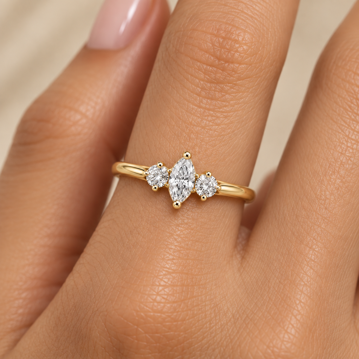 Three Stone Marquise Diamond Ring in Gold - worn view
