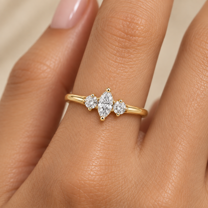 Three Stone Marquise Diamond Ring in Gold - worn view