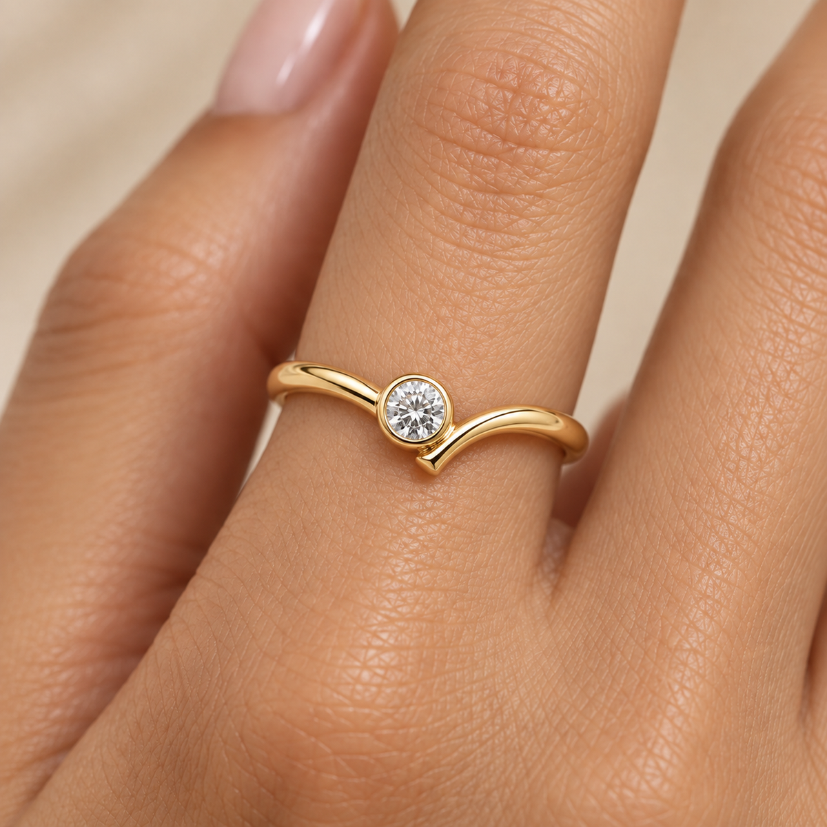 Round Bezel Wave Diamond Ring in Gold illustrative worn view with indicative color and proportions
