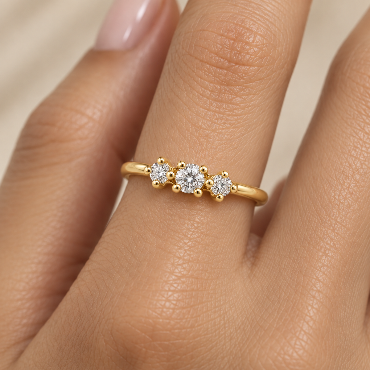Three Round Diamond Ring in Gold - worn view