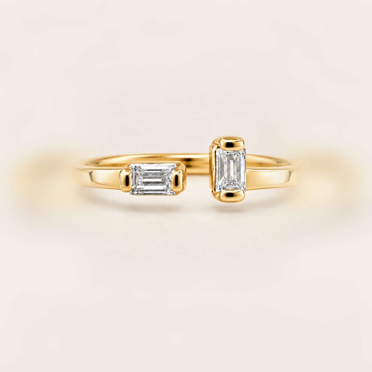 Open Baguette Diamond Ring in Gold product photo on warm beige background