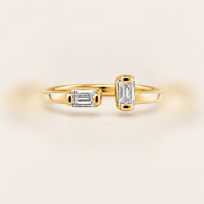 Open Baguette Diamond Ring in Gold product photo on warm beige background