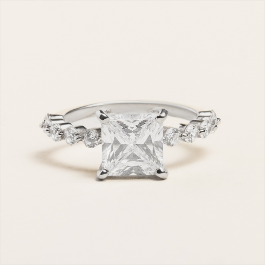 Shared Prongs Princess Cut Engagement Ring With Diamond Accent Shoulders
