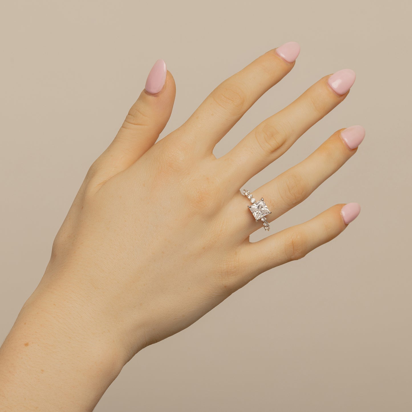 Shared Prongs Princess Cut Engagement Ring On Body