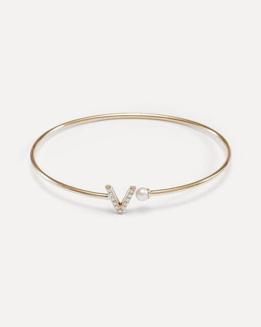 Bangle bracelet with initial and pearl