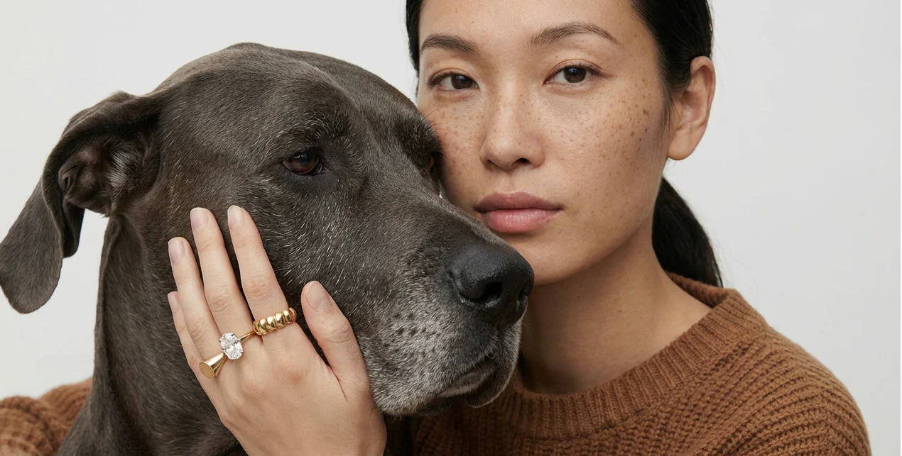 Woman wearing gold rings with a large dog on a plain background