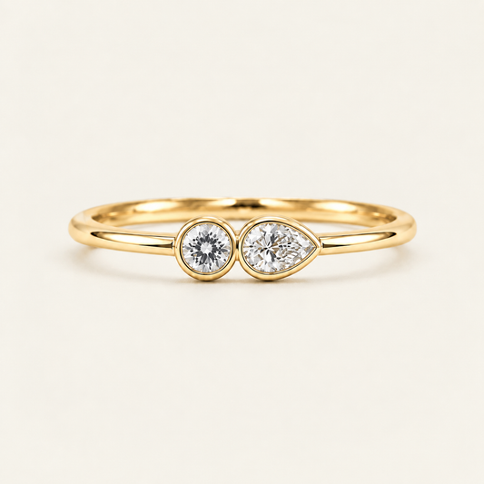 Round and Pear Bezel Diamond Ring in Gold