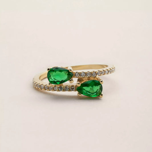 Twin Emerald Teardrop Ring In Recycled 14K Yellow Gold