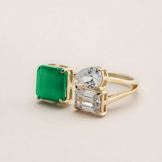 3-Stone Diamond & Emerald Ring